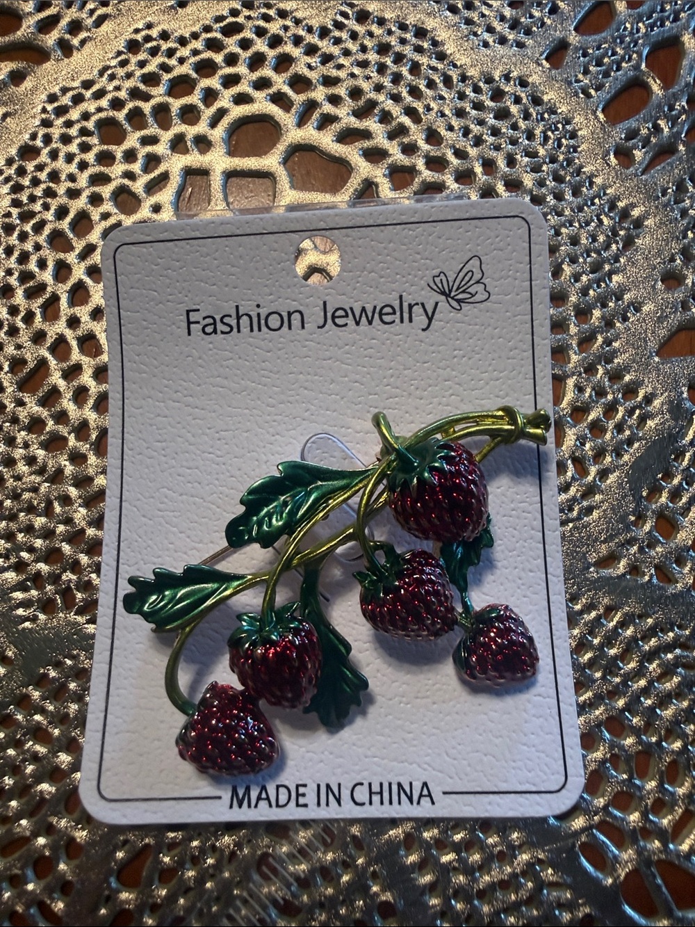 Fashion Jewelry Red & Green Strawberry Vine Brooch